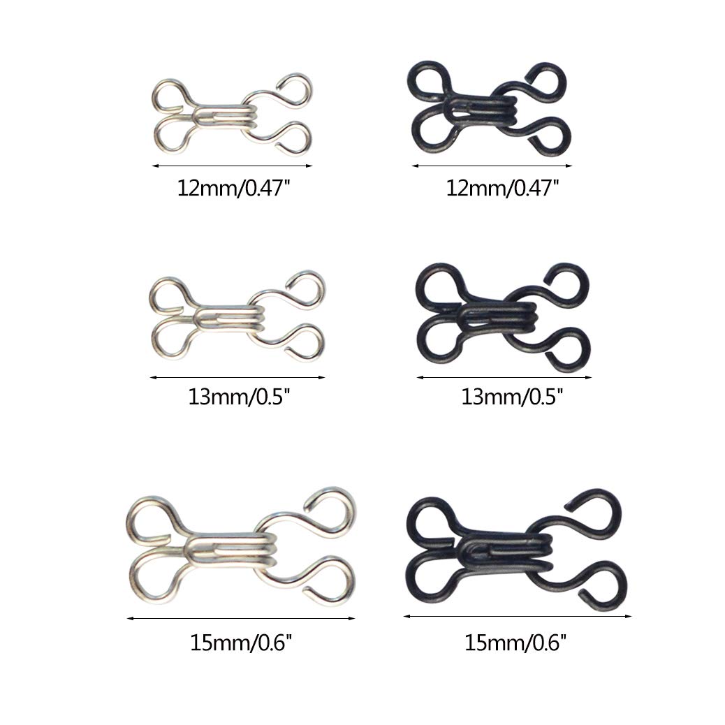 mifengdaer 60 Set Sewing Hooks 3 Sizes Metal Eyes Closure Bra Hooks Clothing Fasteners for Bra and Trousers Skirts Clothing Repair (Silver and Black)