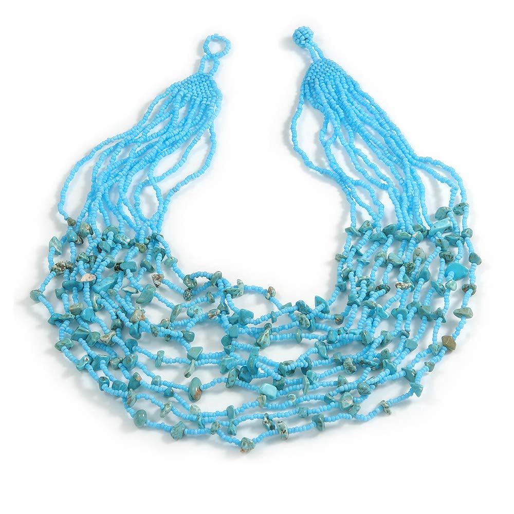 Avalaya Light Blue Glass Bead/Turquoise Stone Multistrand Necklace - 60cm Long
