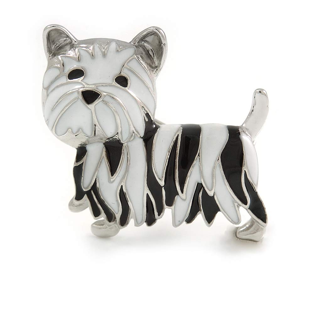 Black/White Enamel Yorkie Dog Brooch In Silver Tone Metal - 35mm Across