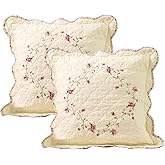 vctops Set of 2 Cotton Quilted Embroidered Decorative Square Throw Pillow Covers with Scalloped Floral Soft Cushion Case for Couch Sofa Bed (Flower D,18"x18")
