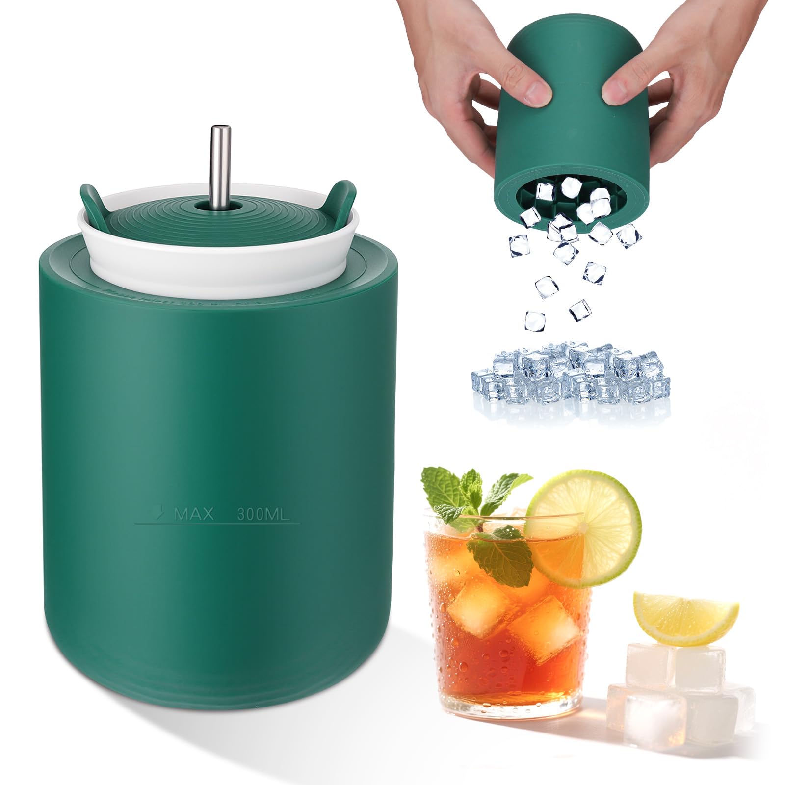 Photo 1 of Juome Silicone Cylinder Ice Cube Tray Mold, Mini Small Ice Cube Trays for Freezer with Lid, Reusable Easy Release Crushed Ice Maker Cup Bottle (Green)