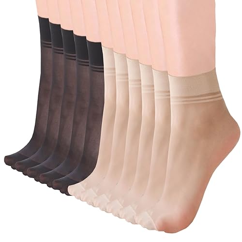 UICCVOKK 12 Pairs Sheer Pop Socks for Women Ankle High 20 Denier Reinforced Toes Nylon Transparent Socks Ankle Weights for Women and Girls,Nude,Black