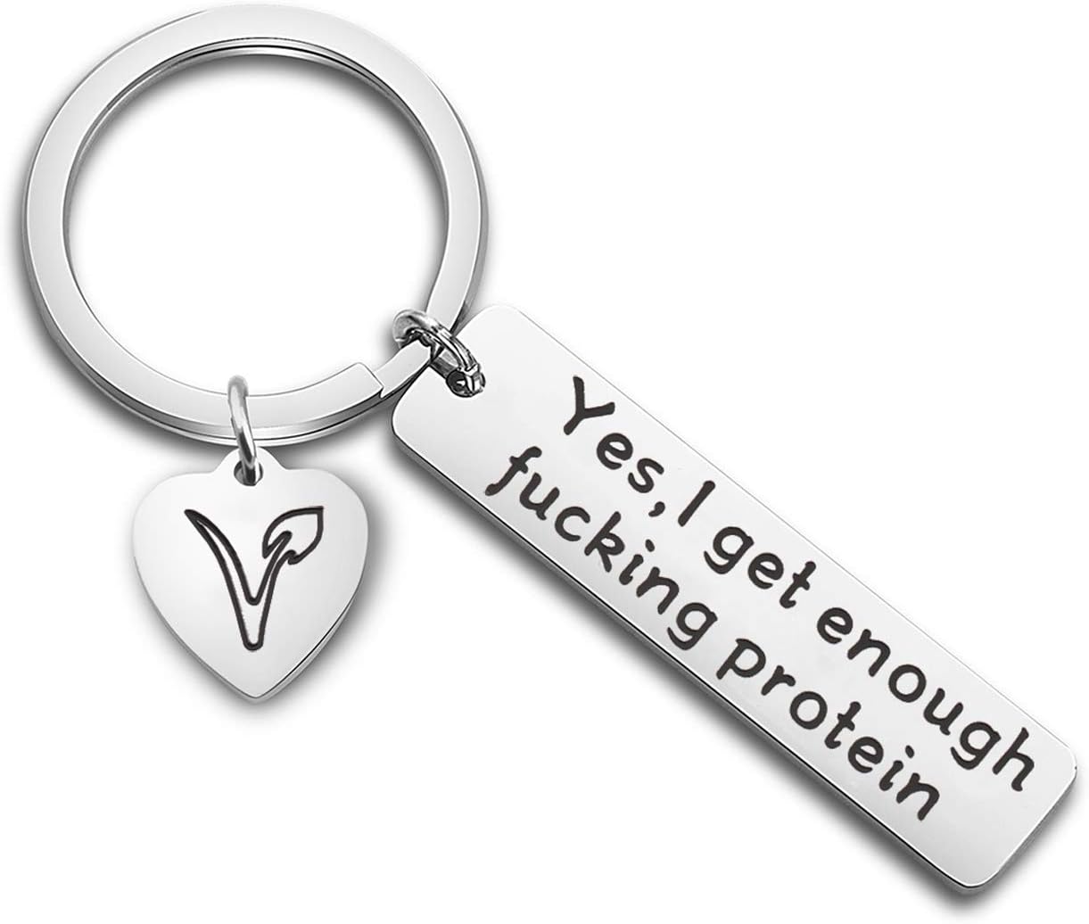 FEELMEM Vegetarian Jewelry Vegan Keychain Herbivore VEG Symbol Jewelry Keyring Yes I Get Enough Fucking Protein