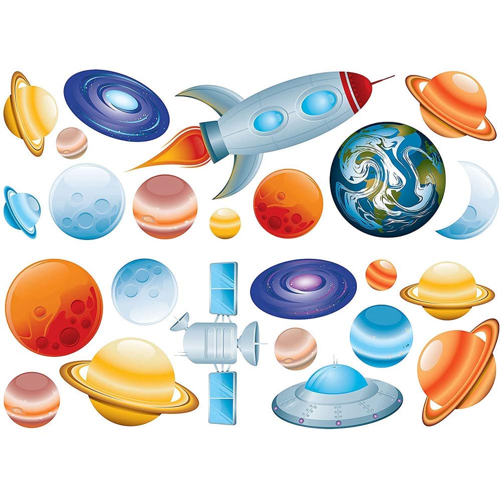 Callowesse Fun4Walls Into Space Wall Stickers – 30+ Reusable Vinyl Decals Featuring Planets, Rocket, Astronaut, UFO & More – Removable Space-Themed Nursery and Kids Room Wall Decorations