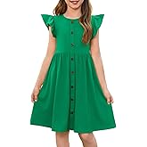 Haloumoning Girls Dress Kids Flutter Sleeve A-Line Button Down Sundress Casual Midi Dresses 5-14 Years