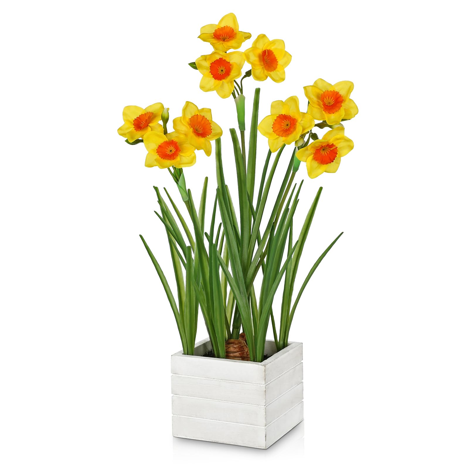 Yellow Daffodils Artificial Flowers In Wood Planter Pot, Small Fake Potted Daffodils Plants Spring Floral Arrangements, Silk Daffodil Faux Spring Flowers for Living Room, Entryway, Bathroom Decor
