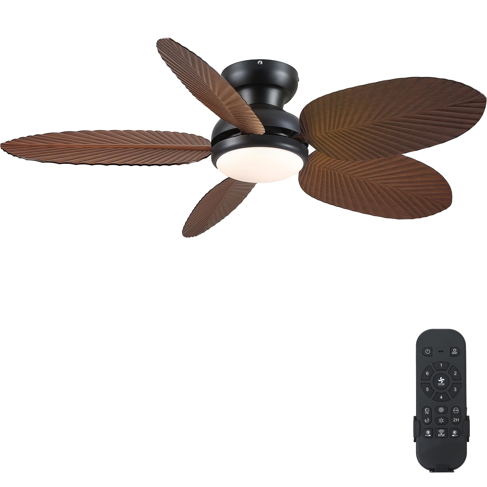 Photo 1 of Kviflon Ceiling Fans with Lights and Remote/APP Control, 45 Inch Low Profile Tropical Ceiling Fan for Living Room Bedroom, Outdoor Flush Mount Palm Leaf Ceiling Fan for Patios Porch, Brown