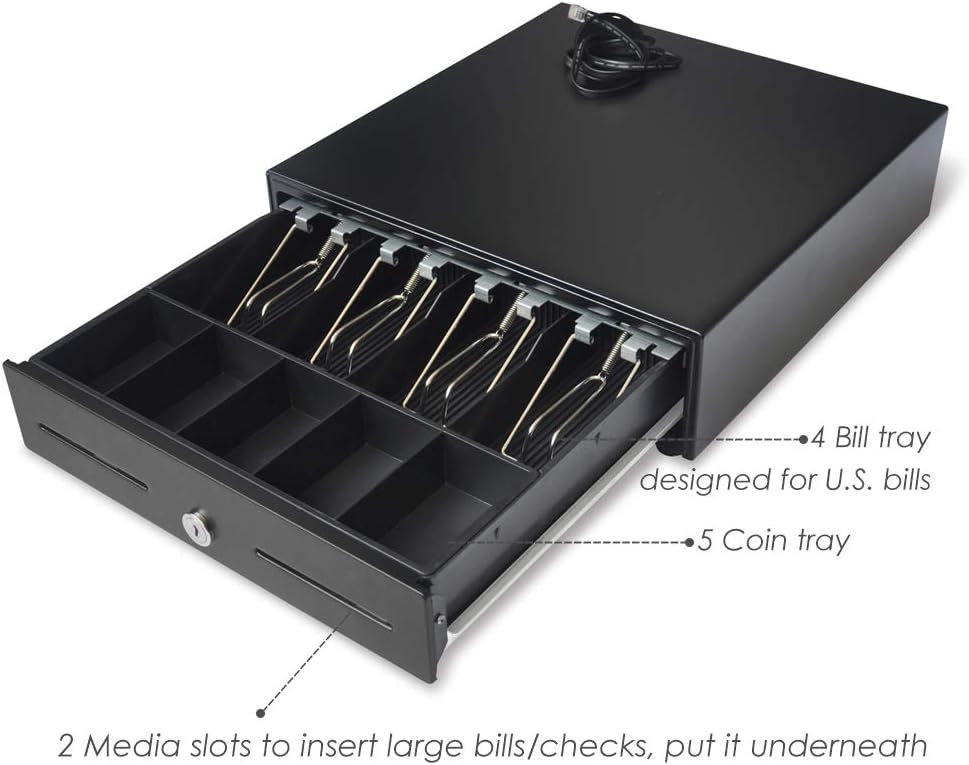 Beelta 13" POS Cash Register Drawer with Removable Tray, 4Bill/5Coin, RJ11/RJ12, Key Lock, DC24V, BK1313B : Office Products