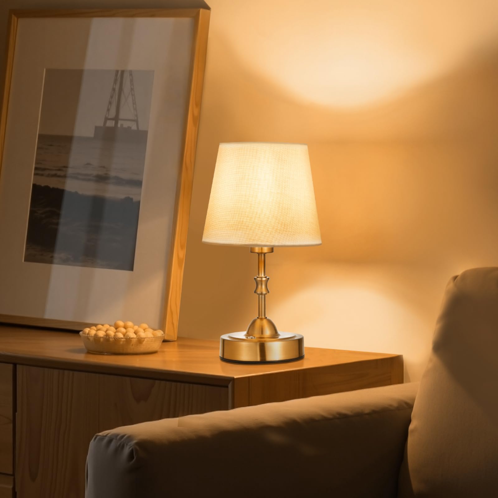 Photo 1 of VEVOR Cordless Table Lamp, 5200mAh Built-in Rechargeable Battery Small Desk Lamp, 3-Level Brightness, Fabric Shade, 2700-3000K Color Temperature, Table Light for Restaurant, Bedroom, Bars, Gold