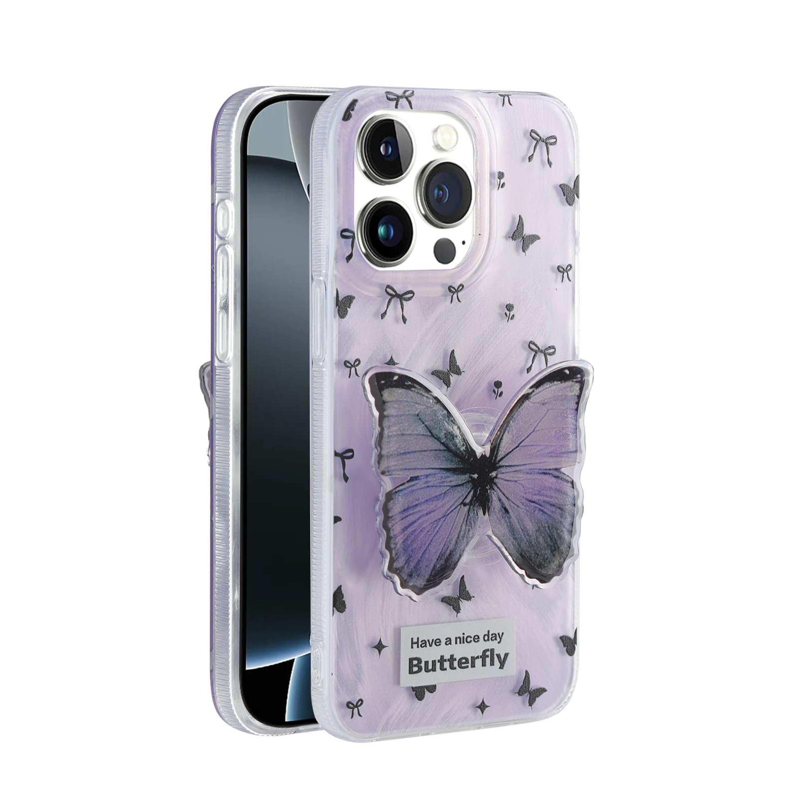 DLIIDCA Fashion Cartoon Bowknot Design for iPhone 15 Pro Case, Kawaii Fun Design TPU Shockproof Protective Case with Bowknot Phone Holder for Boys and Girls for iPhone 15 Pro 6.1 Inch 2023 (Black)