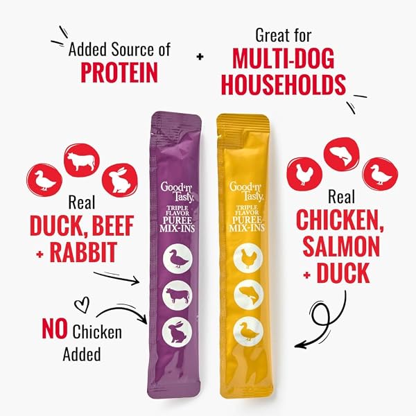 GOOD ‘N’ TASTY TRIPLE FLAVOR PUREE MIX-INS VARIETY PACK DOG FOOD TOPPER TREATS FOR ALL DOGS, 84 COUNT, EASY SINGLE-SERVE PORTIONS, ADDED PROTEIN WITH CHICKEN, SALMON, DUCK, BEEF AND RABBIT