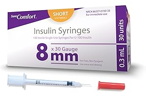 SureComfort U-100 Insulin Syringes 30G x 5/16" 3/10cc (8 mm), For Diabetes Care, Box of 100
