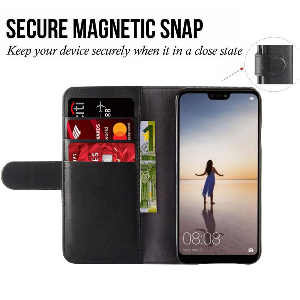 AROC Huawei P20 Lite Schutzhülle, Extrem dünnes Echtleder mit Flipfunktion, Magnetverschluß, Platz für Ausweis und Kreditkarte Etc, klappbar für Standfunktion (Schwarz)