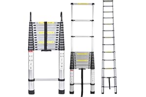 DICN Telescoping Ladder 16.5FT Extension Ladder Telescopic Ladder Loft Attic Collapsible Ladder with 2 Detachable Hooks Adjustable Height Safety Lock Design for Roof RV Indoor Outdoor EN131 Safe Standard