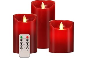 AKU TONPA Flameless Candles Battery Operated Pillar Real Wax Electric LED Candle Gift Set with Remote Control Cycling 24 Hours Timer, 4" 5" 6" Pack of 3 (Dark Red)