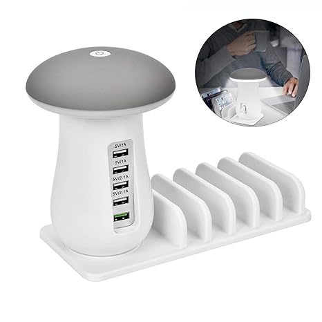 Pawaca Mehrere USB Charger Station, 3 in 1 3.0 Schnelle Multiport Charging Organizer mit Pilz LED Night Light für iPhone und 