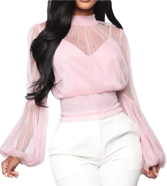 Sexy Sheer Sleeves Turtleneck Blouse Top Pink
