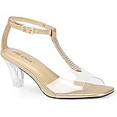 ANN CREEK Women's Clear Heels Rhinestone T-Strap Peep Toe Sandals