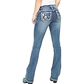QJBMEI Women's Jeans Feather Flower Embroidery Mid Rise Stretchy Bootcut Slim Wide Leg Pants