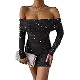 Joyfunear Women's Sexy Sparkly Glitter Off The Shoulder Long Sleeve Bodycon Ruched Cocktail Party Outfit Mini Dress