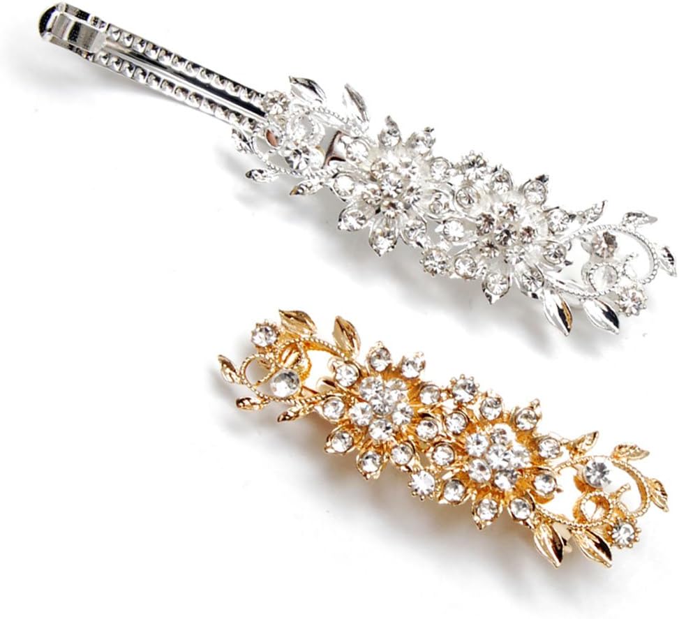 Luxxii - Clear Fancy Rhinestone Crystal Hair Barrette Clip Hair Pin (Pack 2, Silver & Gold Tone_C)