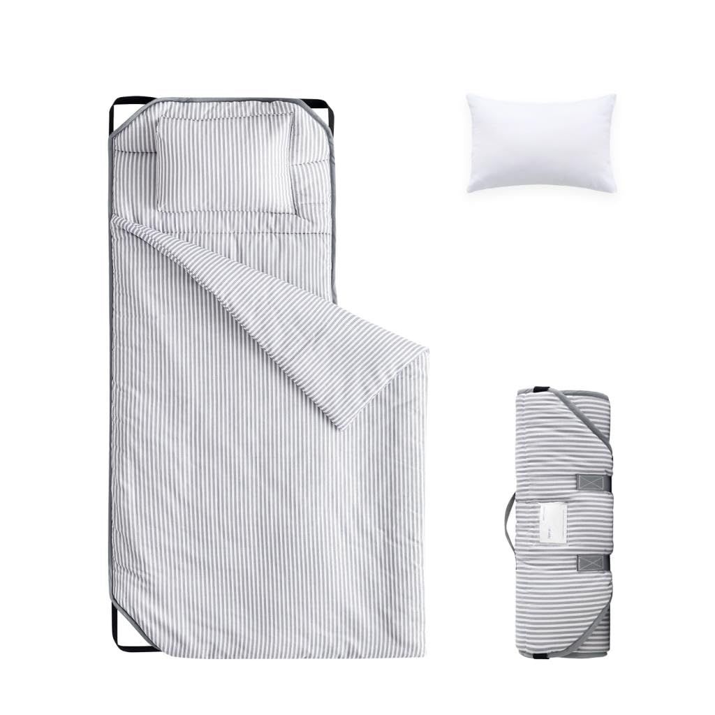 Photo 1 of Wake In Cloud - Cot Nap Mat with Pillow and Blanket, 100% Cotton Fabric, for Toddler Kids Boys Girls in Daycare Kindergarten Preschool with Elastic Corner Straps, Gray Grey Stripes on White