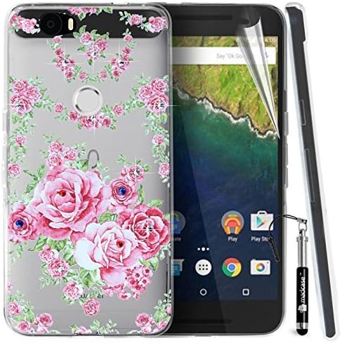 madCase compatible with Huawei Google Nexus 6P Case Ultra Thin Transparent Clear Soft Gel TPU Silicone Cover with Cute Diamante Crystals Bling Design - Pink Roses
