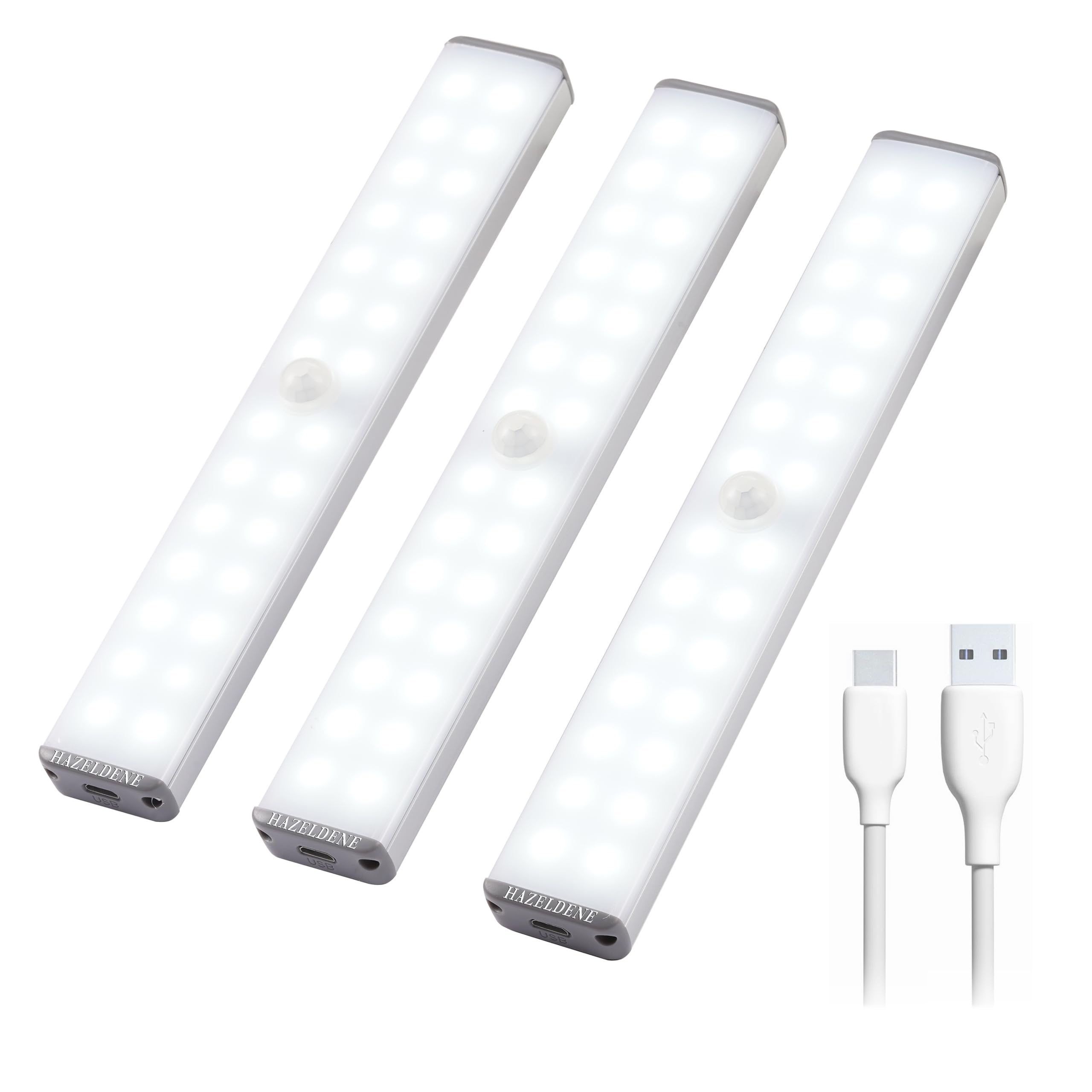 Hazeldene Under Cabinet Lights – Motion Sensor LED Strip Lights for Kitchen, Wardrobe, Cupboards | Rechargeable USB-C | Easy Install | White Light | 3 Pack