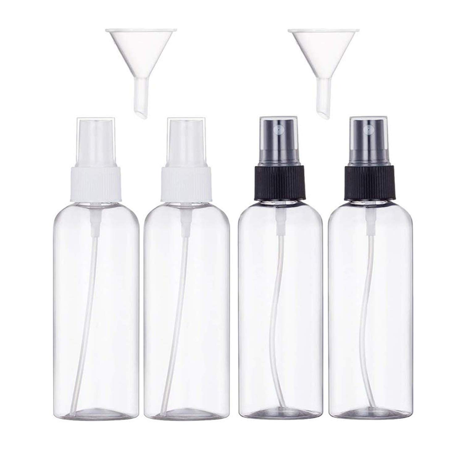 JamHooDirect 4Pcs, 100ml Spray Bottle Empty Plastic Fine Mist Travel Atomiser Set with 2 Funnels & 12 Labels - Clear Refillable & Reusable Bottle Toiletries Liquid Containers for Cosmetic Make-up