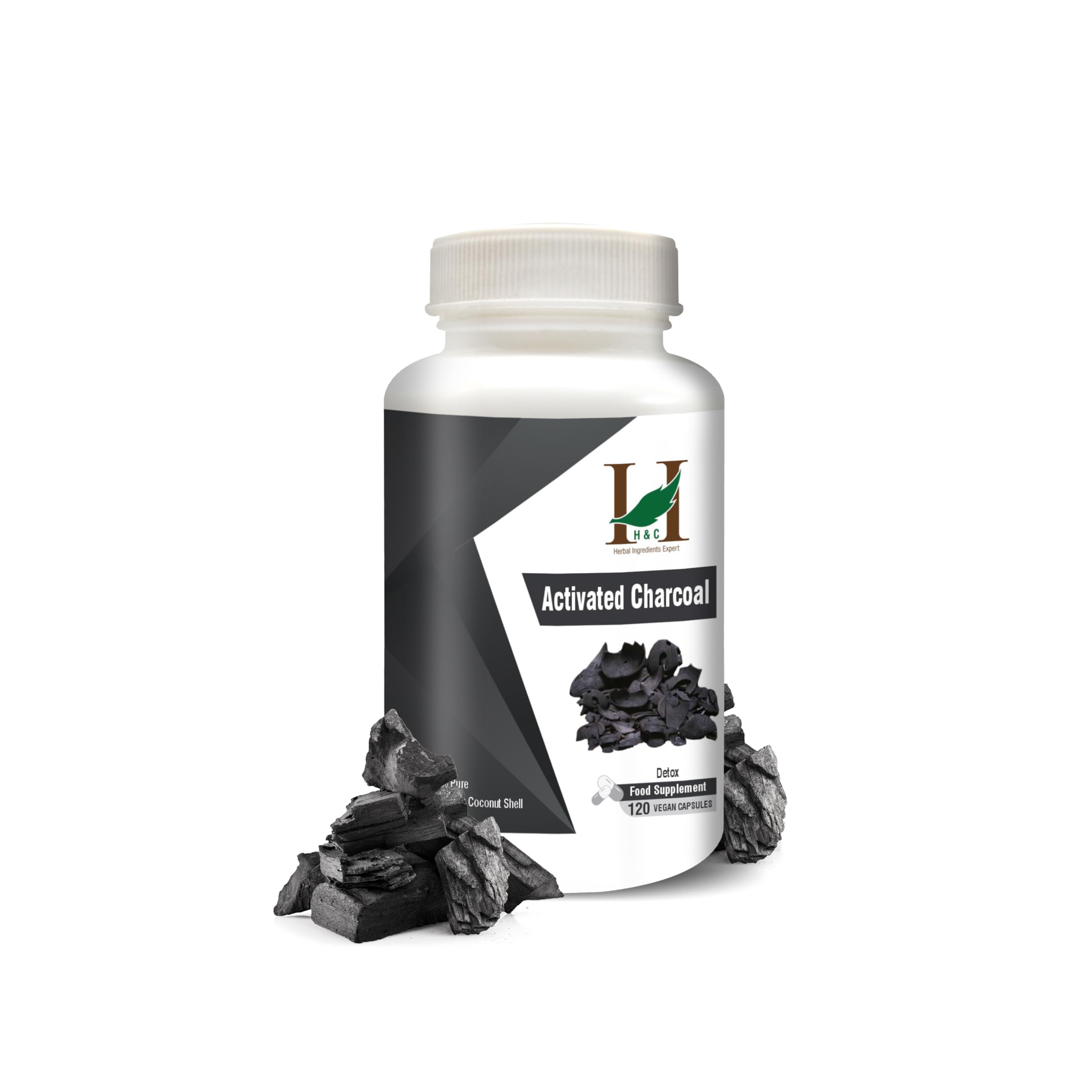H&C Activated Charcoal Capsules - 350mg, 120 Capsules | Coconut Shell Charcoal | Detox