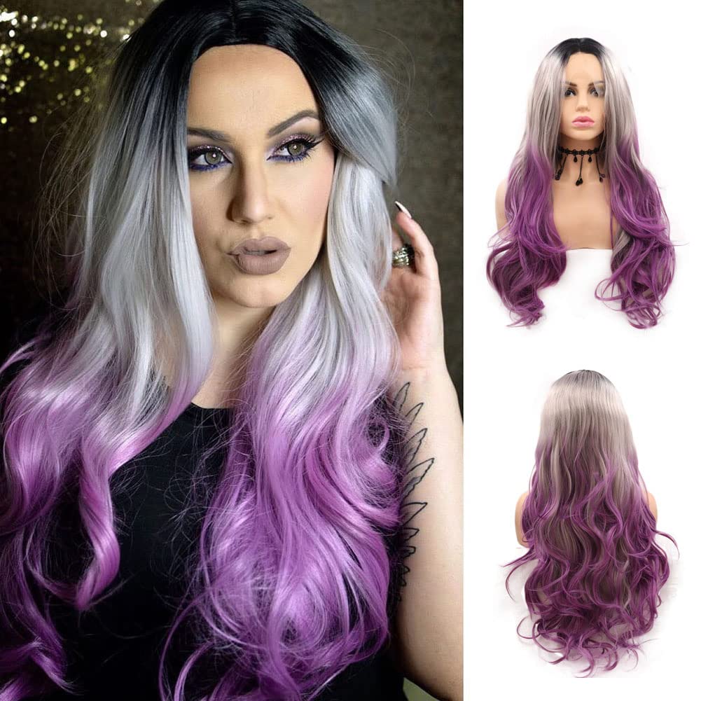 karissa Hair Purple Lace Front Wigs for Women Ombre Gray Lilac Black Roots 3 Tone Long Wavy Natural Hairline Synthetic Wig with Baby Hair Pre Plucked Heat Resistant Fiber Hair Drag Queen Cosplay, 24