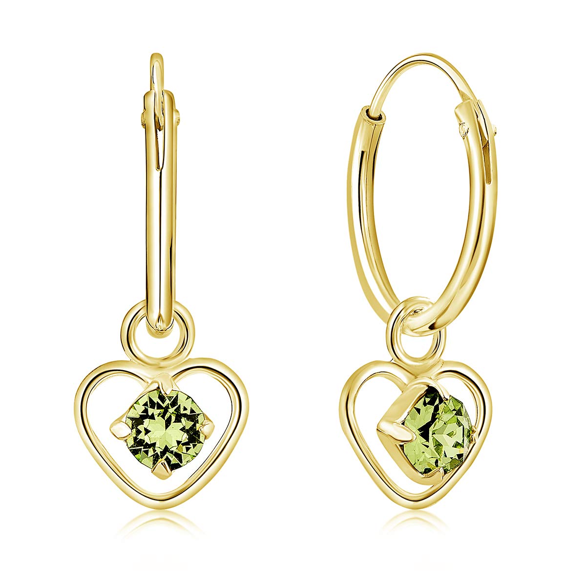 DTPsilver® 925 Sterling Silver Yellow Gold Plated SMALL Hoops Earrings & Dangling Heart with 3 mm Crystals from Swarovski® Elements - Thickness 1.5 mm - Diameter: 14 mm - Colour : Peridot