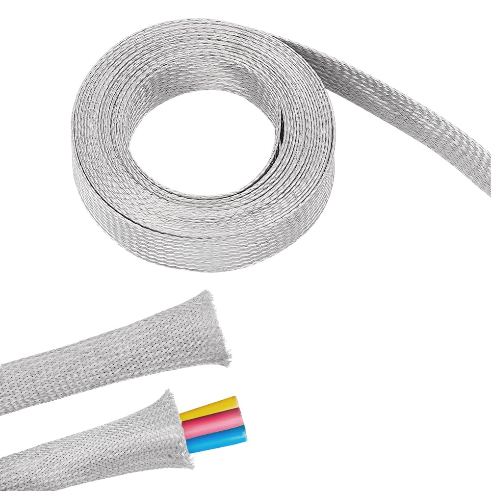 UNICRAFTALE 0.78" Wide Stainless Steel Braided Sleeving Braid 13.12 Feet Cable Wire Shielding Sleeve Ground Straps Protection Flat Metal Mesh Flexible Expandable Scalable Ribbon Flat Wire for Protect