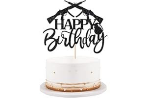 LVEUD Happy Birthday Cake Topper Gun Theme Enthusiast Black Glitter Party Decorations Supplies