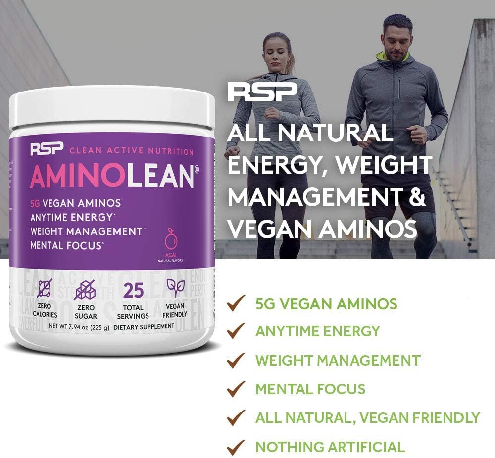 RSP Vegan AminoLean - All Natural Preworkout with Vegan BCAAs, All-In-One Amino Energy, Weight Management, Recovery, and Focus, 25 Serv, Acai: Health & Personal Care