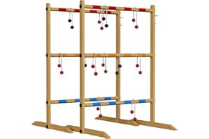 BBTEQEKN 39x24In Ladder Toss Game Set, Pine Wooden Golf Ladder Lawn Game with 6pc Throwing Ball and 2pc Rack, for Outdoor,Bac