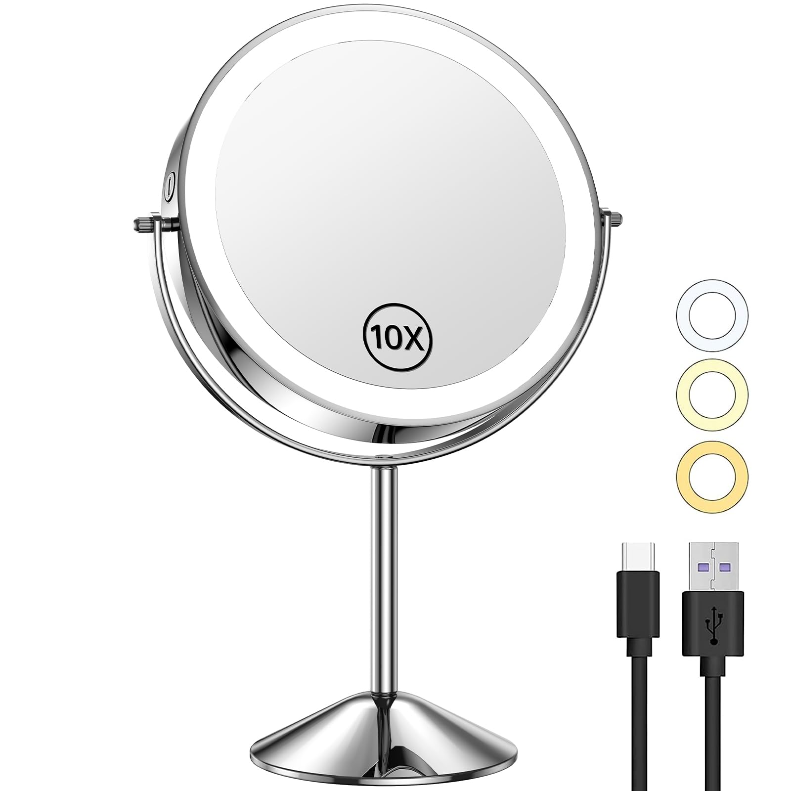 8 Inch Lighted Makeup Mirror 1X/10X Magnifying LED Makeup Mirror 3 Color Dimmable Lighting Modes Rechargeable Cordless Cosmetic Mirror with Touch Control Vanity Mirror 360° Rotation (Chrome)