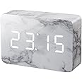 Gingko Brick LED Click Clock Rechargeable Alarm Clock with Sound Activation (Time, Date & Temperature), Marble/White LED