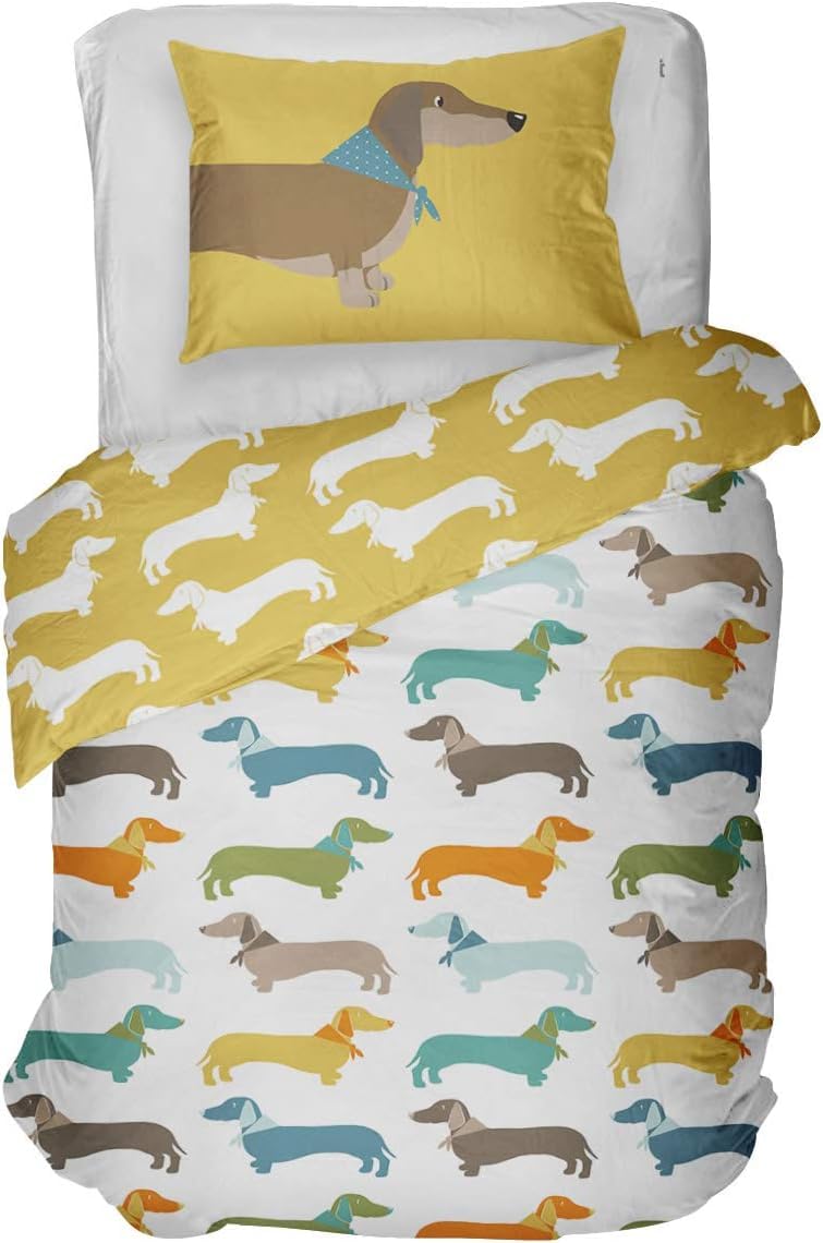 Rapport Home Single Duvet Cover Set - Fun Ochre Sausage Dog Dachshund Pattern Bedding with 1 Pillowcase - Reversible Polycotton Easy Care 135x200cm