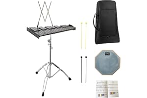 MIRIO 32 Notes Glockenspiel with Adjustable Stand, Percussion Bell Kit for Adult, Full Size Glockenspiel Instrument w/ 8 Inch Drum Practice Pad, Mallets, and Carring Case (Silver)