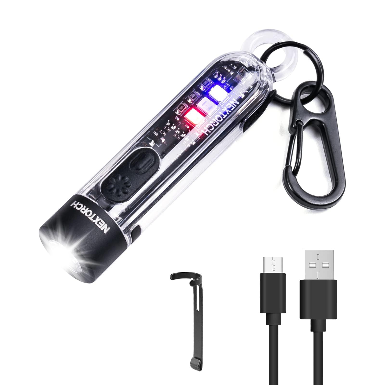 Nextorch K40 700 Lumens Rechargeable Keyring Light EDC with 405nm UV, Red & Blue Flashing Emergency Light for Outdoor, Camping, Dog Walking & Self-Defense