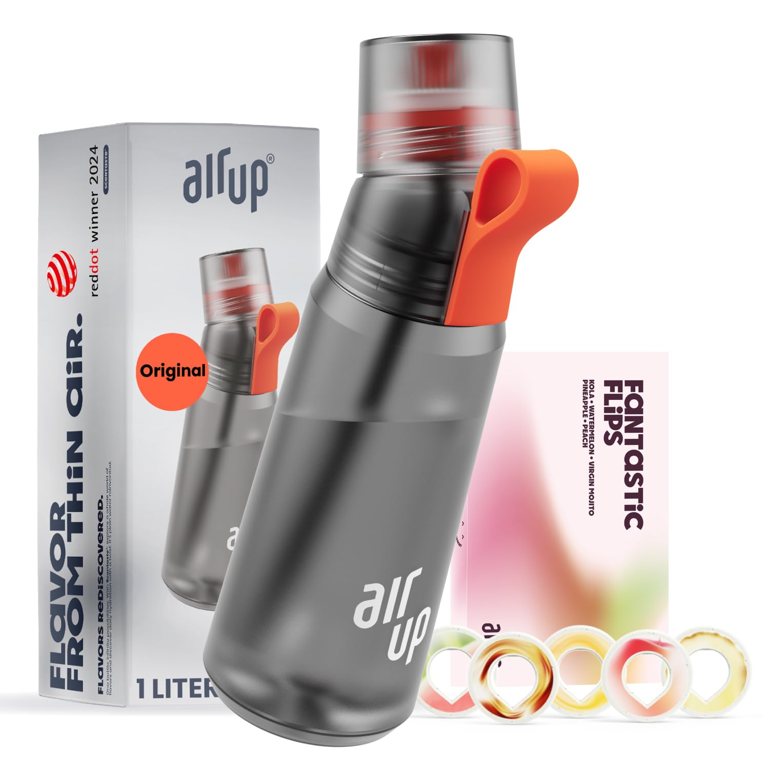 AIR UP® water bottle Twist Pro original starter set with pods in 5 flavours I 1l drinking bottle with sugar-free flavouring I dishwasher-safe, BPA-free I in Grey