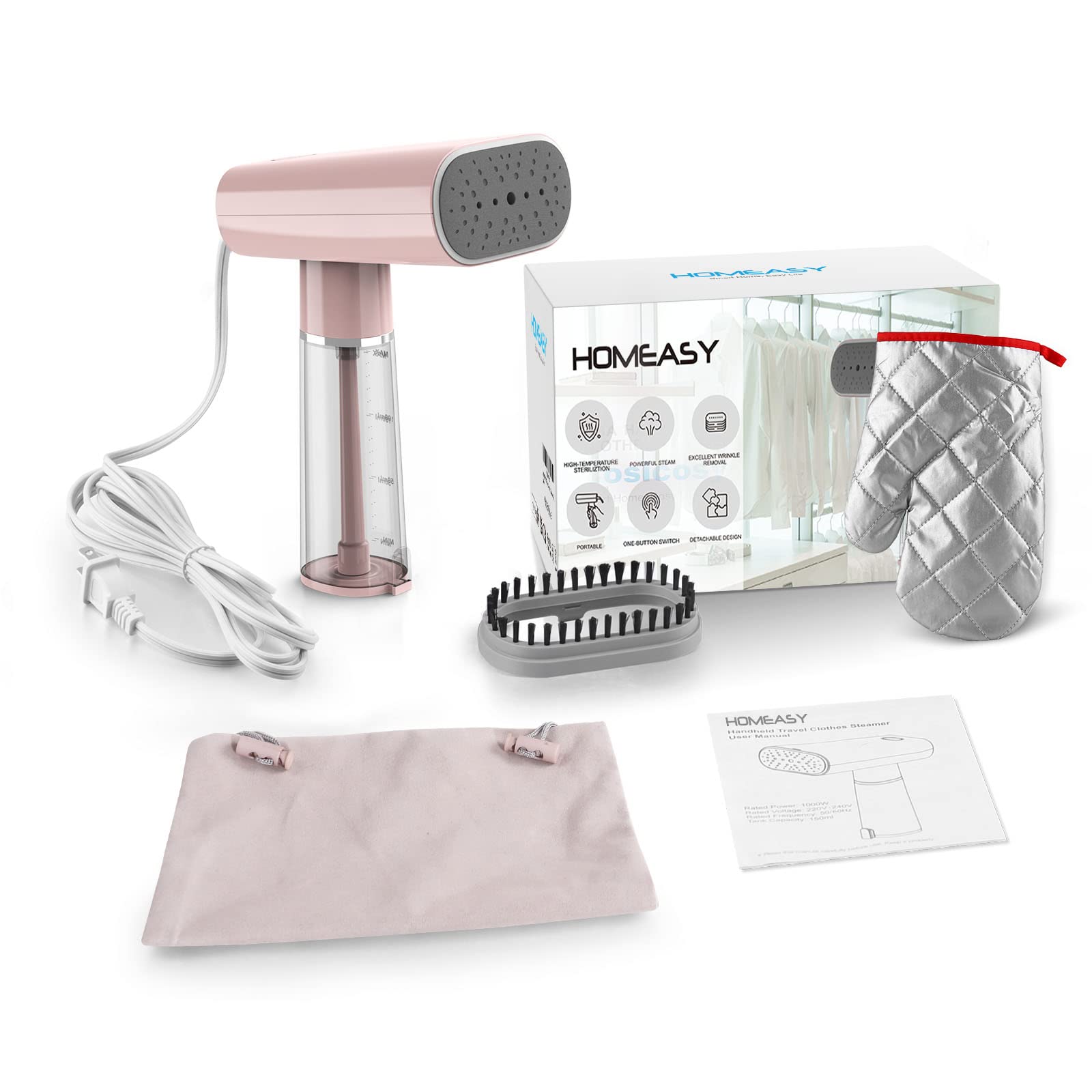 Clothes Steamer Travel, HOMEASY Handheld Steamer for Clothes Garment Steamer Portable Iron Clothes Steamer Fabric Wrinkle Remover with Fast 25s Heat-up Detachable Water Tank, Pink