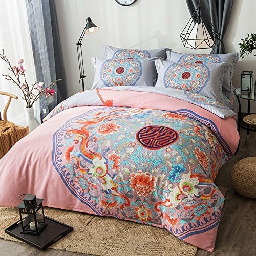 Bohemian Duvet Cover Set Queen Size Zipper Closure Boho Bedding Set With Flat Sheet 4-Piece Pure Cotton Excellent Feeling Winter Heavyduty Soft Comfortable Bedclothes