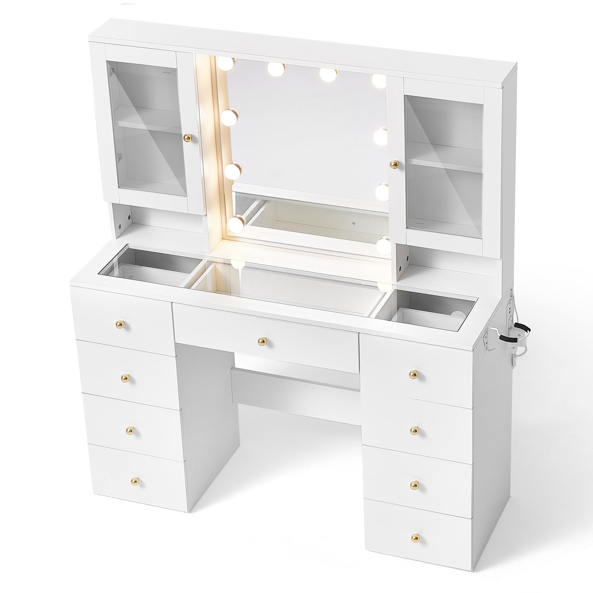 Photo 1 of LINSY White Vanity with Mirror and Lights, 2 Glass Cabinets and Height - Adjustable Shelf & 9 Drawers Dressing Table, Makeup Desk with Glass Top & Charging Station, 3 Adjustable Brightness Modes