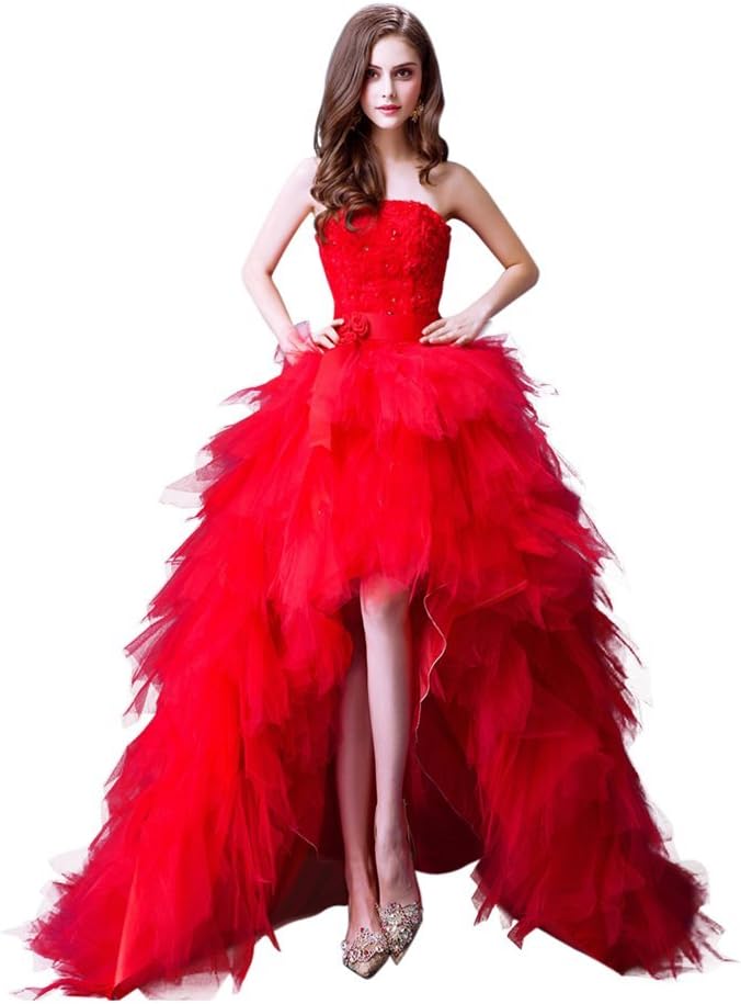 Drasawee Women's Strapless Lace Prom Evening Dress Lovely Rose High-Low Red Formal Wedding Gowns