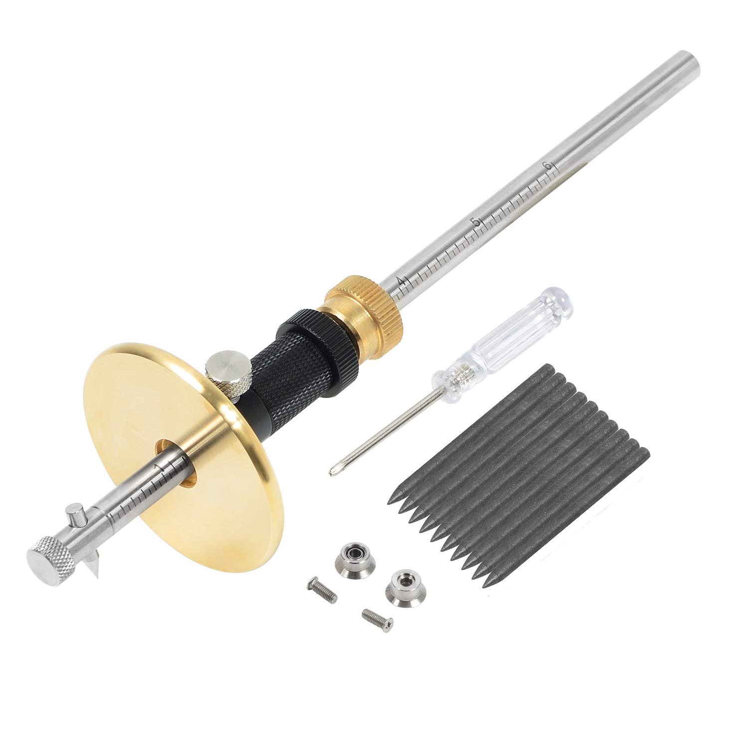 Newkiton Wheel Marking Gauge Plus with Micro Adjust Function, 1 Bearing Wheel Cutter, 1 Locked Wheel Cutter, 1 Metal Pin, 10 Woodworking Pencils, 1 Screwdriver Included (Black)