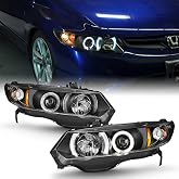 ACANII - For Honda Civic Coupe 2006-2011 LED Halo Black Housing Projector Headlights Headlamps, Driver &amp; Passenge Side