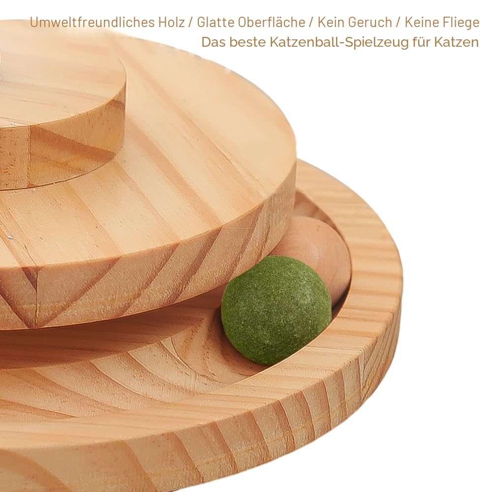 Marchul KatzenSpielzeug mit Futterball Snackball, Katzen Spielzeug Roller Tracks mit Drehteller, Interaktives Katzenspielzeug Aus Holz, Katzen Futterautomat Spielzeug mit Leckerli Ball 3
