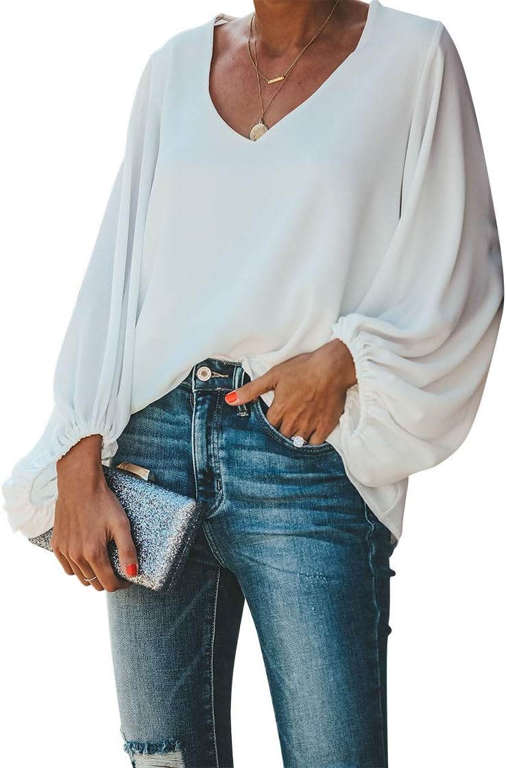 Women's Casual Sweet & Cute Loose Shirt Balloon Sleeve V-Neck Blouse Top